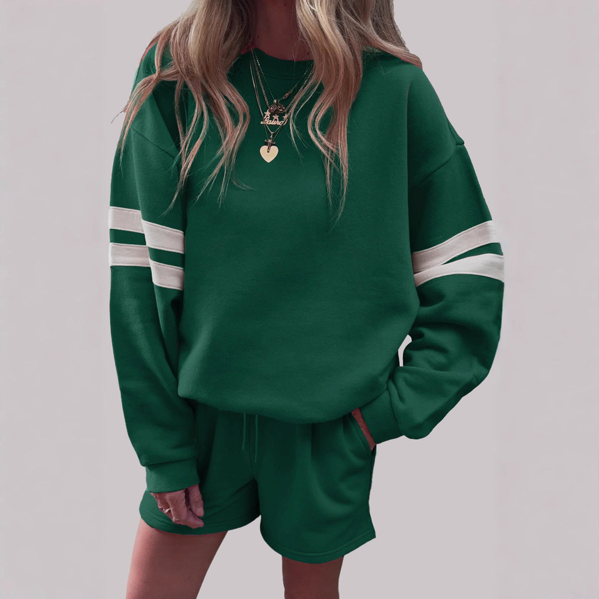 Women's Oversized Striped Sweatshirt Shorts Set