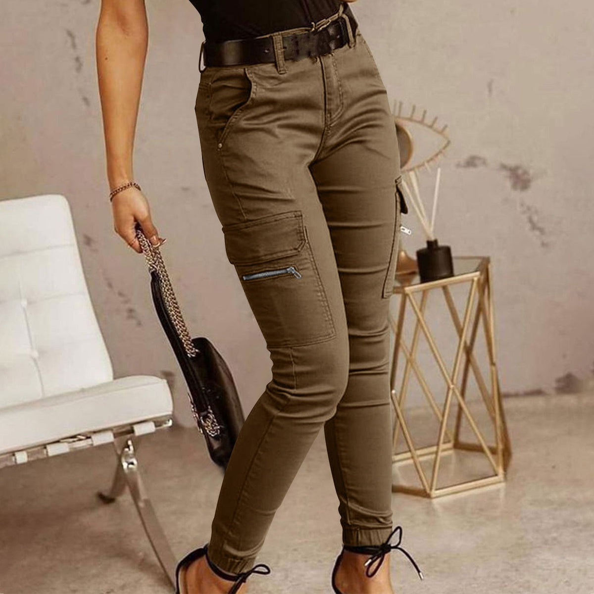 Women's Skinny Cargo Joggers Mid-Rise Cotton Pants