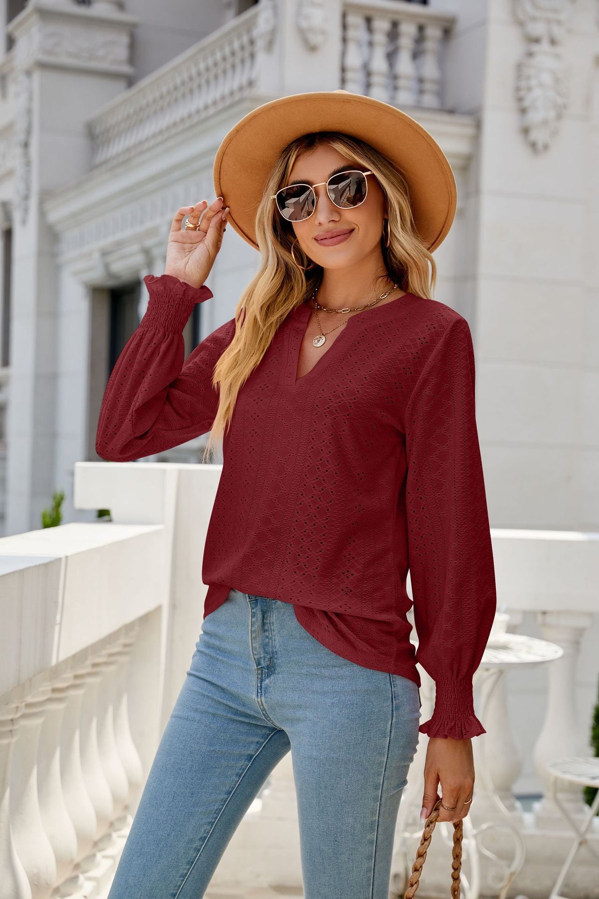 Women's Eyelet V-Neck Long Sleeve Ruffle Cuff Loose Blouse