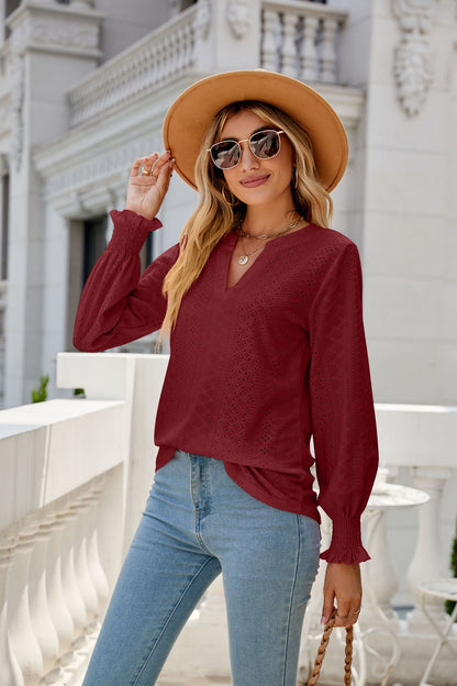 Women's Eyelet V-Neck Long Sleeve Ruffle Cuff Loose Blouse