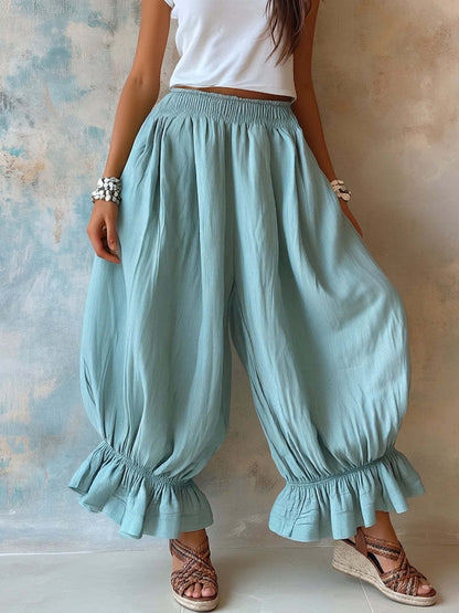 Women Ruffle Hem Balloon Pants Elastic Waist Wide Leg Boho