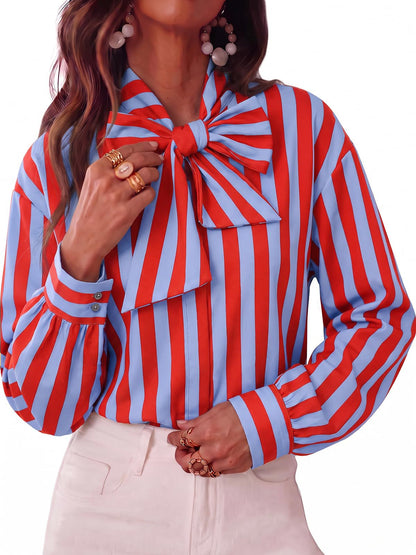 Women's Striped Tie Neck Long Sleeve Blouse Casual