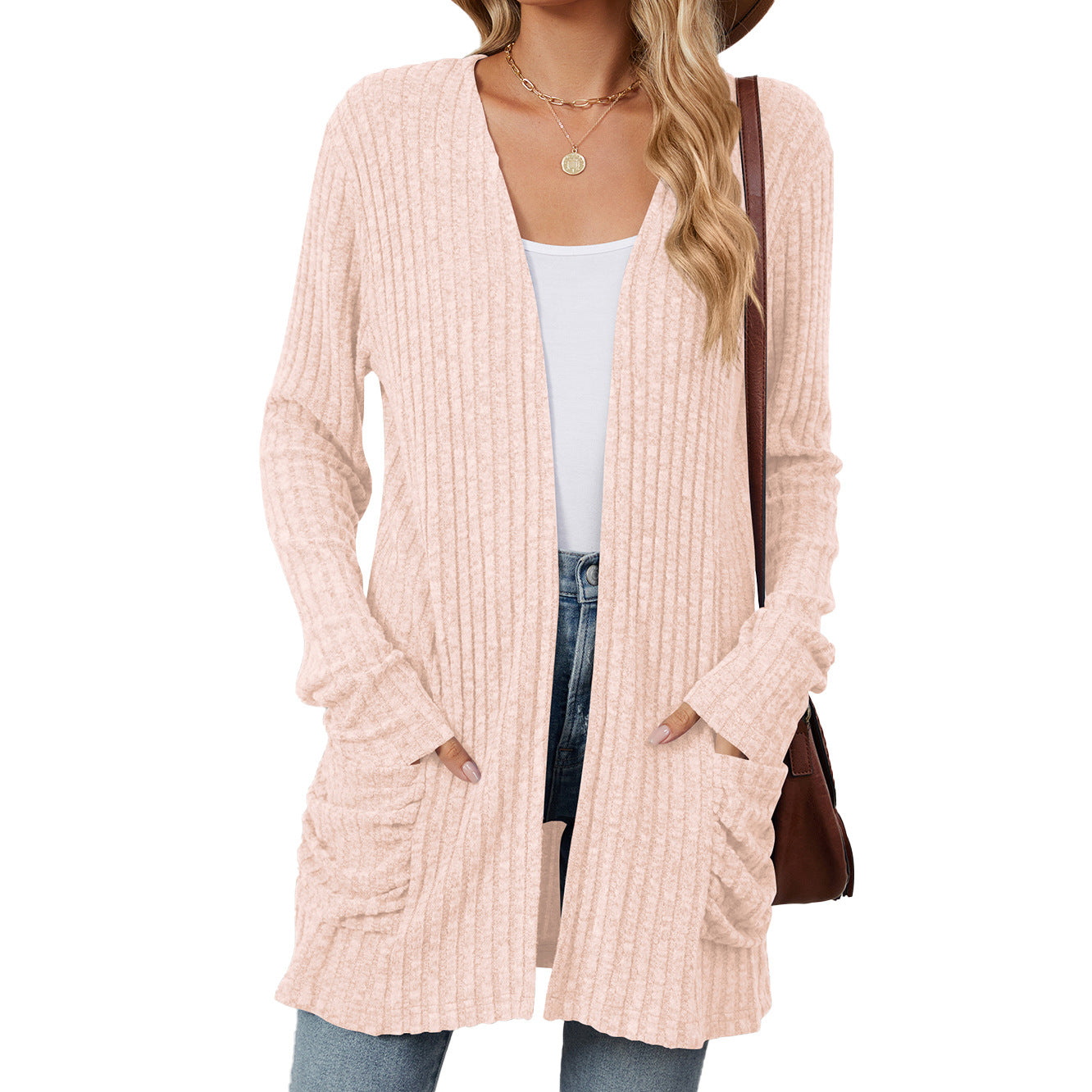 Simple Pocketed Long Sleeve Cardigan Knit Top