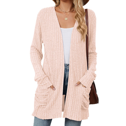 Simple Pocketed Long Sleeve Cardigan Knit Top