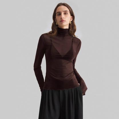 Solid Mesh Turtleneck Top Long Sleeve Fitted Blouse