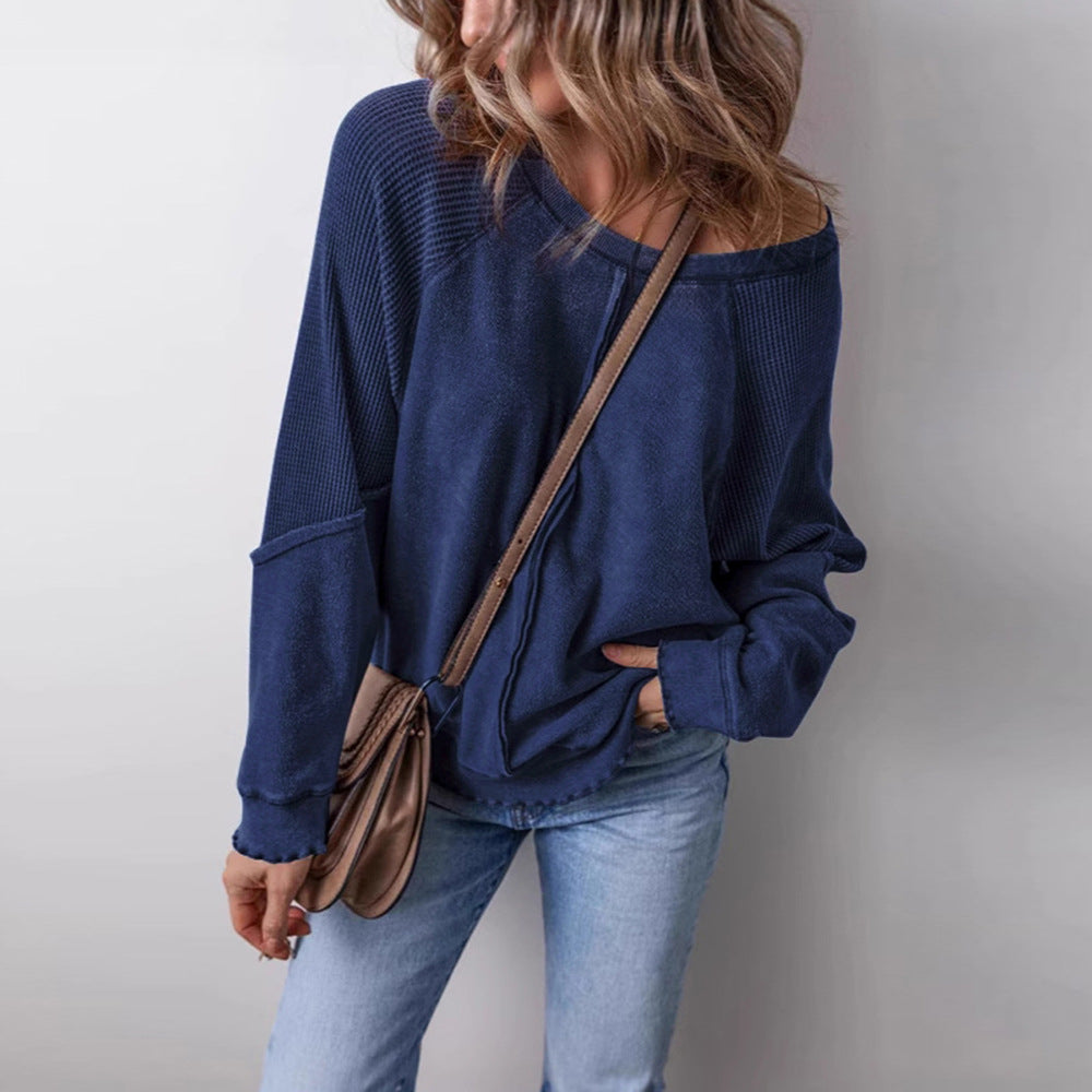 Oversized Crewneck Sweatshirt Exposed Seam Waffle Knit