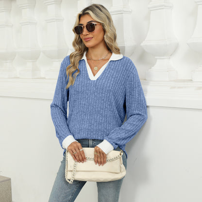 Women's Oversized Contrast Collar V Neck Long Sleeve Top