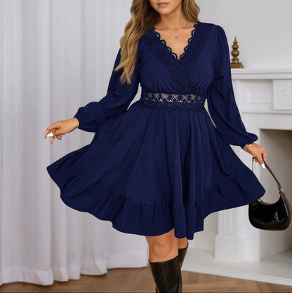 Plus Size Lace Trim V Neck A Line Mini Dress