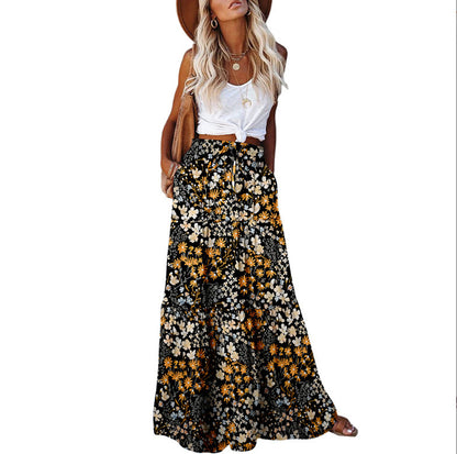 Boho Print Maxi Skirt High Waist Flowy Patchwork