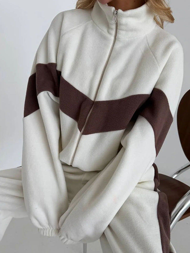 Womens Color Block Zip Up Tracksuit 2 Piece Set