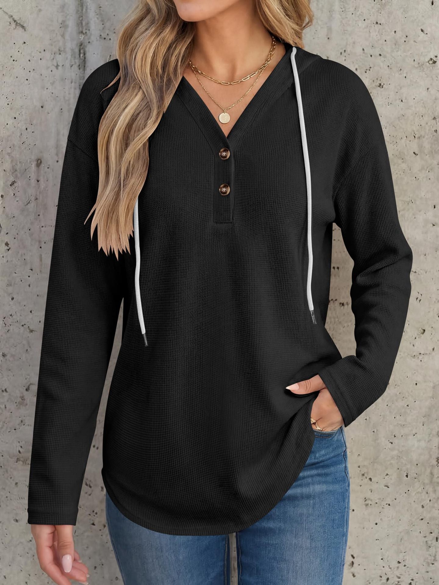 Waffle Knit Hoodie Henley Long Sleeve Casual Top