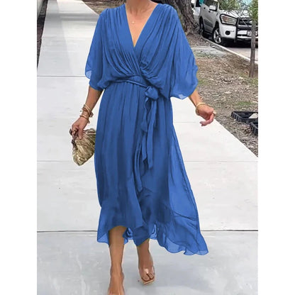 Women's V-Neck Batwing Chiffon Midi Dress Tie Waist Flowy