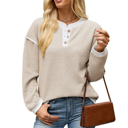 Women's Contrast Henley Long Sleeve Loose Casual Top