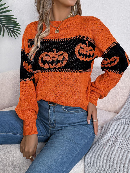 Halloween Pumpkin Pattern Colorblock Long Sleeve Sweater