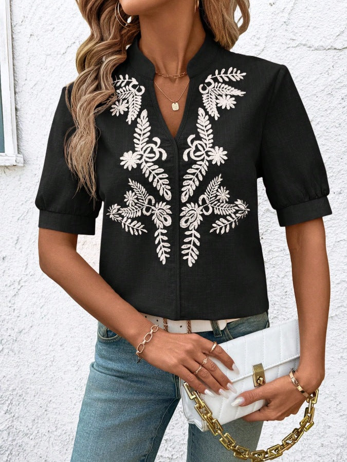 V Neck Embroidered Cotton Blouse Casual Summer Shirt