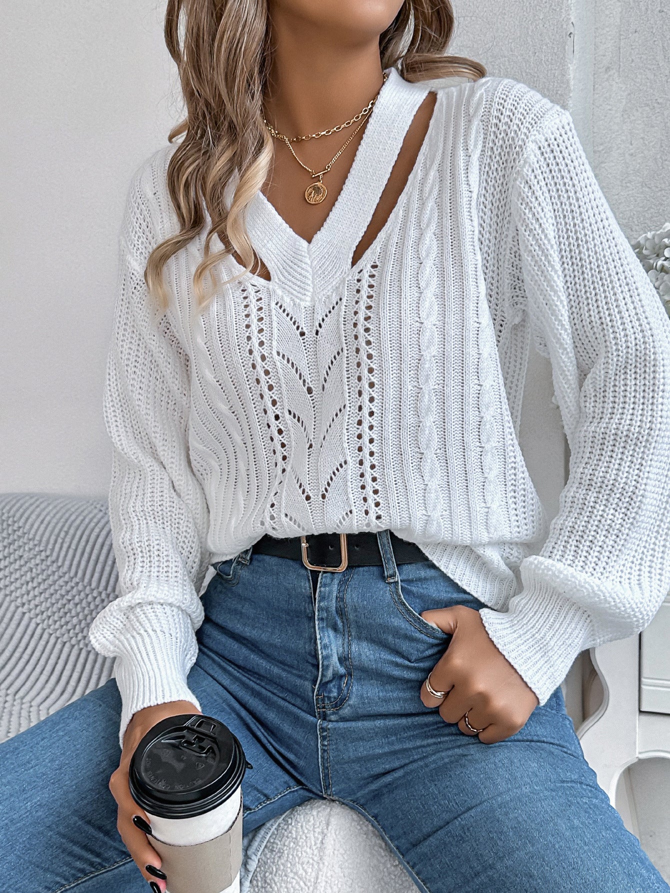 Hollow Out V Neck Cable Knit Lantern Sleeve Sweater