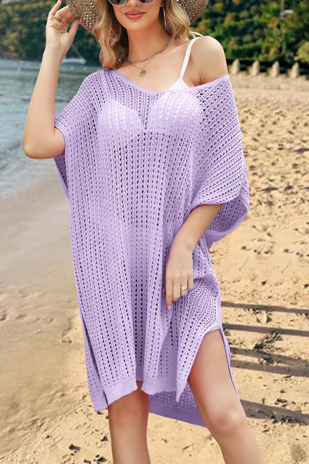 Crochet Swim Cover Up Dress V Neck Beach Knit Coverup