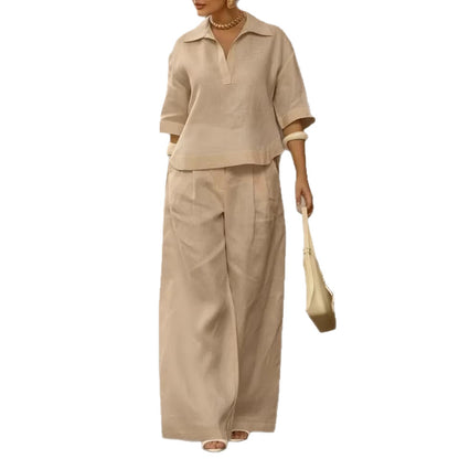 Women Oversized Collared Top Wide Leg Pants Matching Set