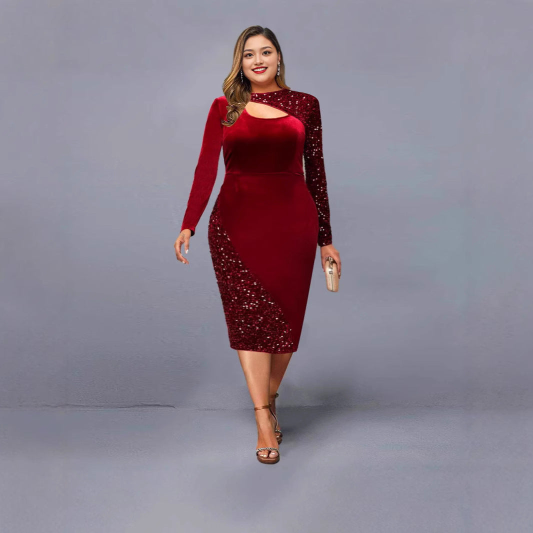 Plus Size Velvet Sequin Cutout Bodycon Midi Dress