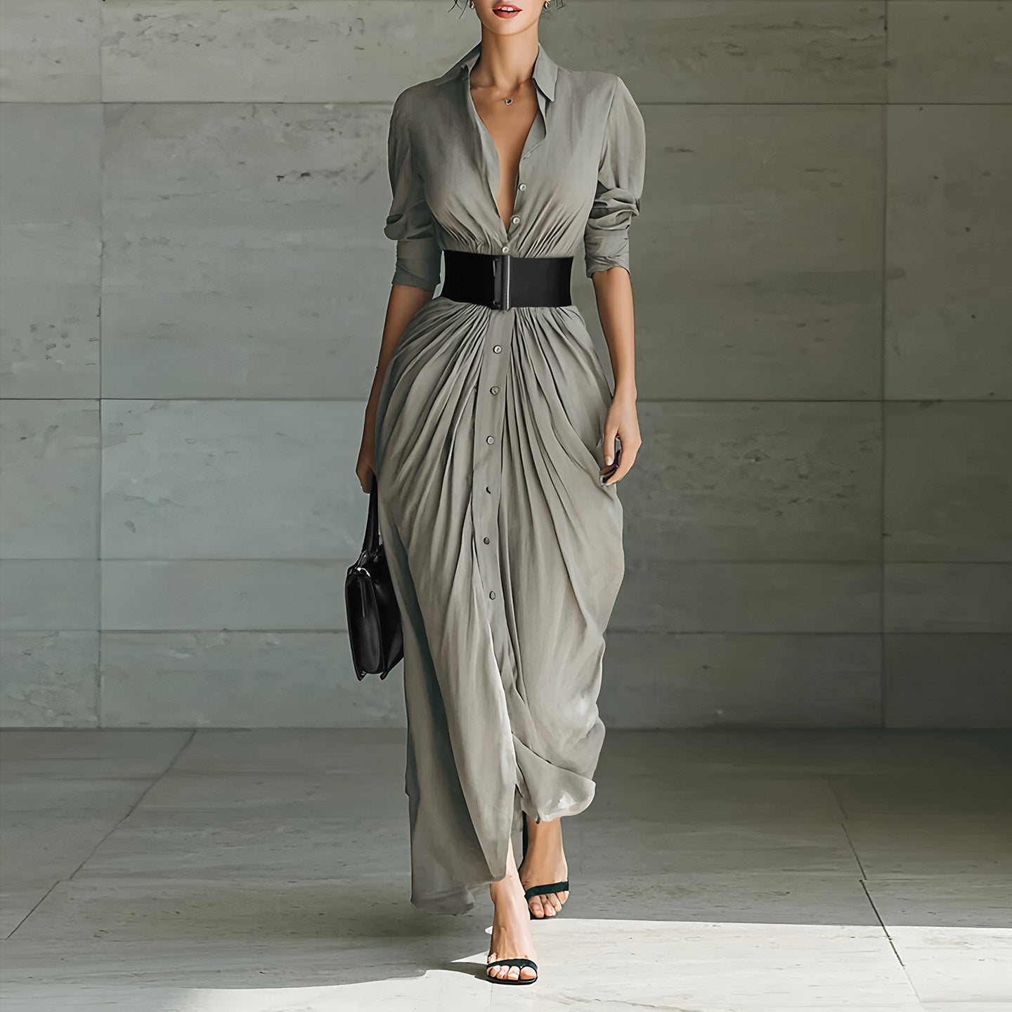 Collared Belted Maxi Shirt Dress Long Sleeve