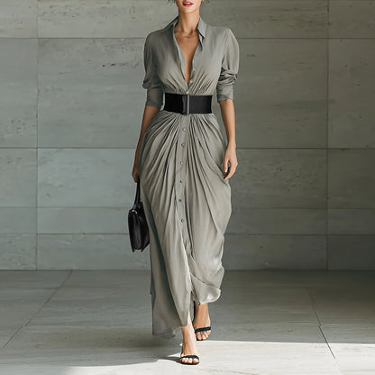 Collared Belted Maxi Shirt Dress Long Sleeve