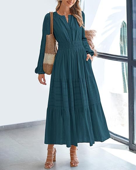 Women's V-Neck Long Sleeve Tiered Maxi Smocked Cotton Dress