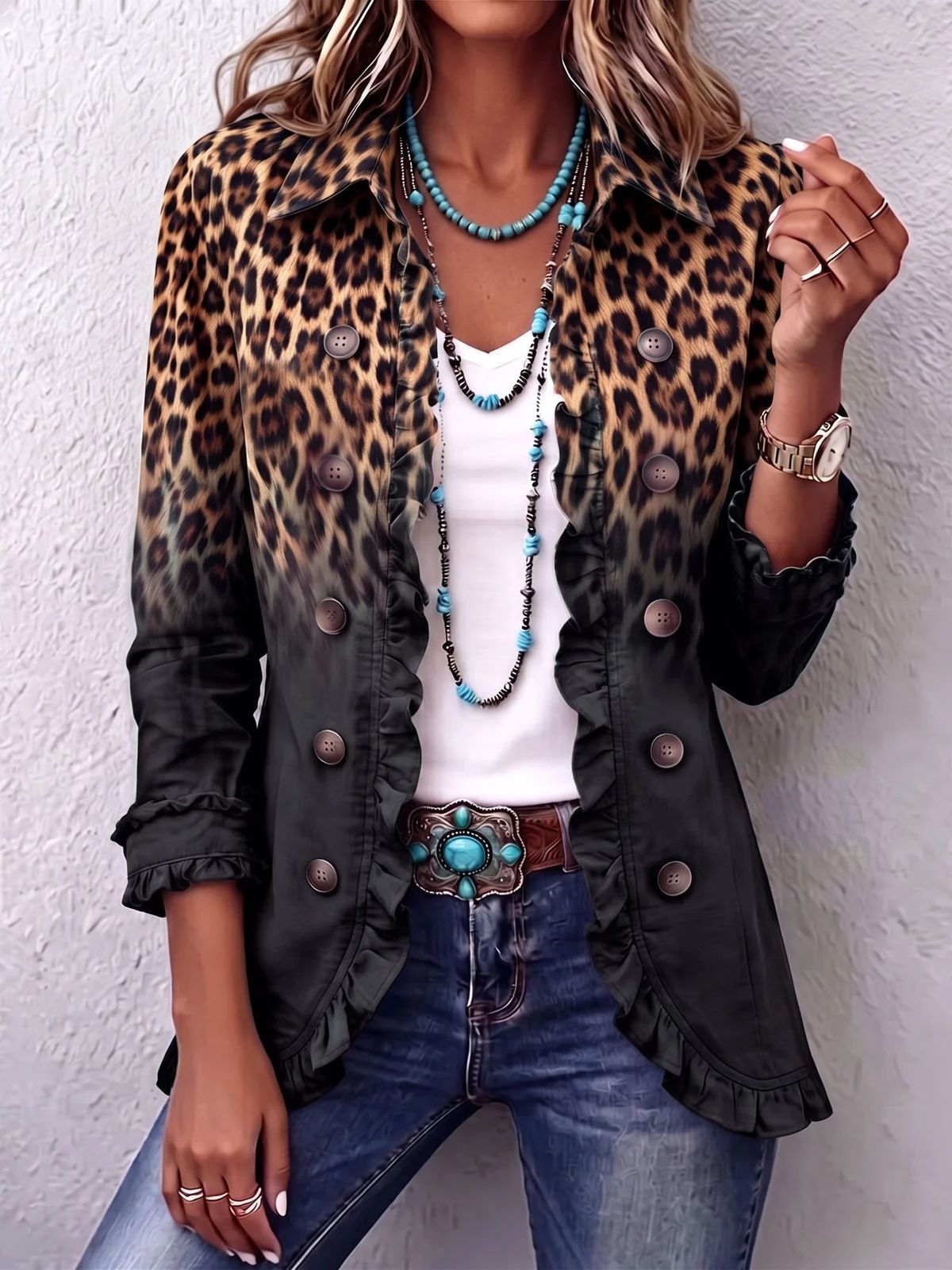 Women's Leopard Ruffle Button Down Long Sleeve Cardigan