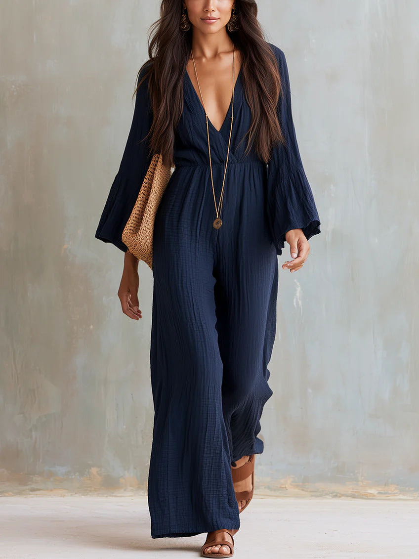 Boho V Neck Jumpsuit Wide Leg Bell Sleeve Elastic Waist