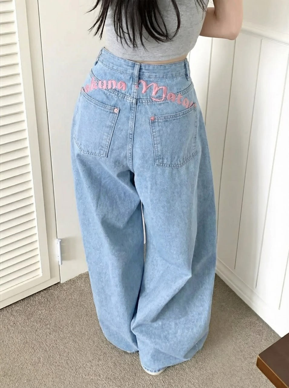 Women's High Waisted Baggy Jeans Y2K Embroidered Wide Leg