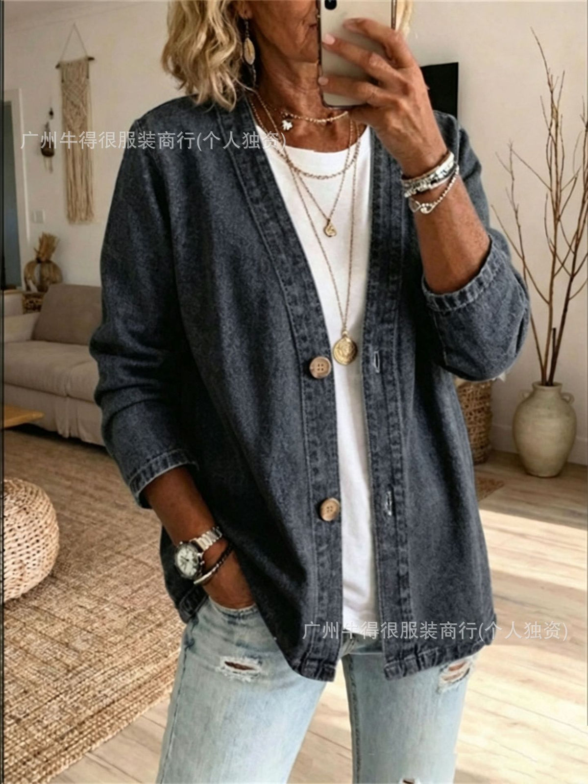 Women's Oversized Vintage Denim Jacket Button Front
