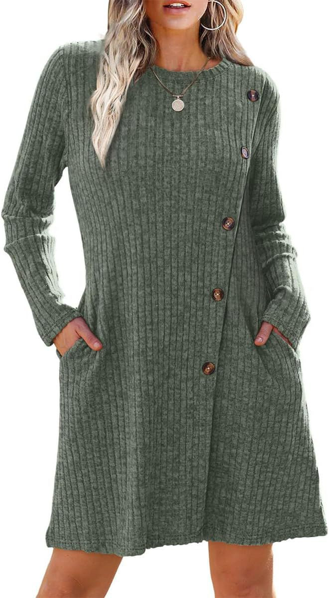 Ribbed Long Sleeve Dress with Side Buttons & Pockets