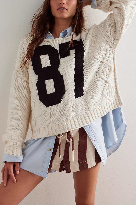 Varsity Number Knit Sweater - Oversized Pullover Top