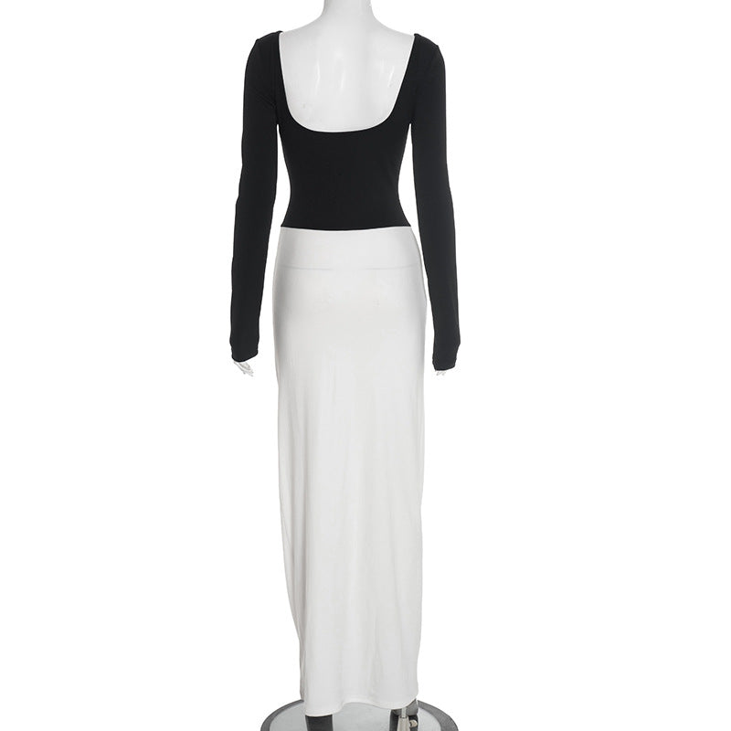 Two Tone Boat Neck Backless Ruched Long Sleeve Maxi Dress