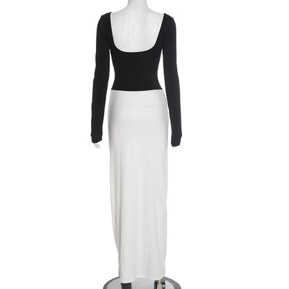 Two Tone Boat Neck Backless Ruched Long Sleeve Maxi Dress