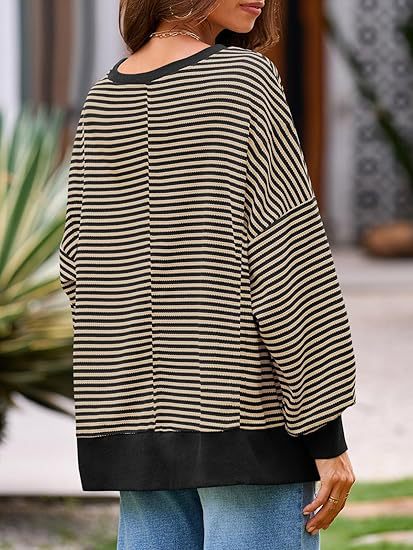 Oversized Waffle Knit Striped Crewneck Side Slit Pullover