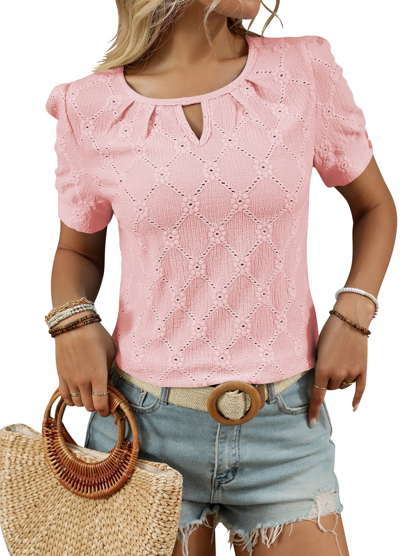 Light Blue Textured Knit Short Sleeve Button Neck Top