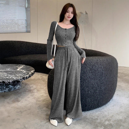 Women's Ribbed Two Piece Set Wide Leg High Waist Pants