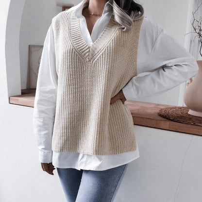 Women's V Neck Oversized Knit Sweater Vest Sleeveless