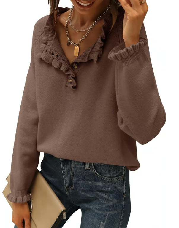 Women's Ruffle Button Knit Sweater Long Sleeve Tunic