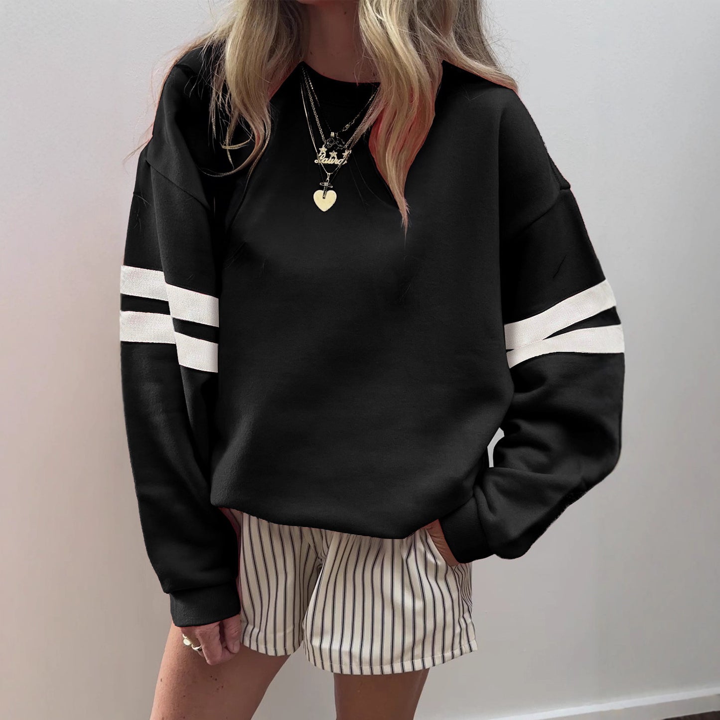 Oversized Crewneck Sweatshirt Women Striped Sleeve Pullover