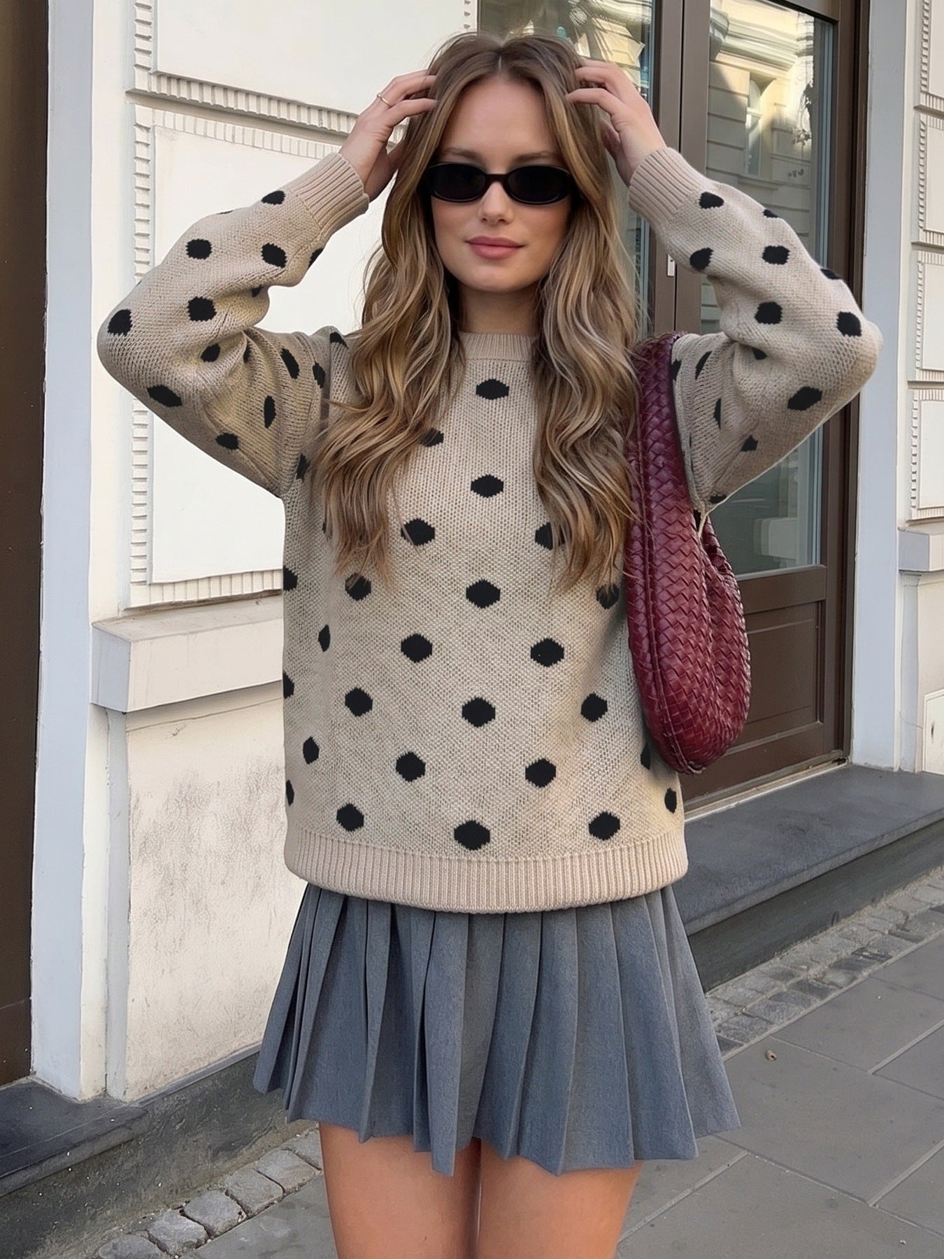 Women's Oversized Polka Dot Crew Neck Knit Sweater