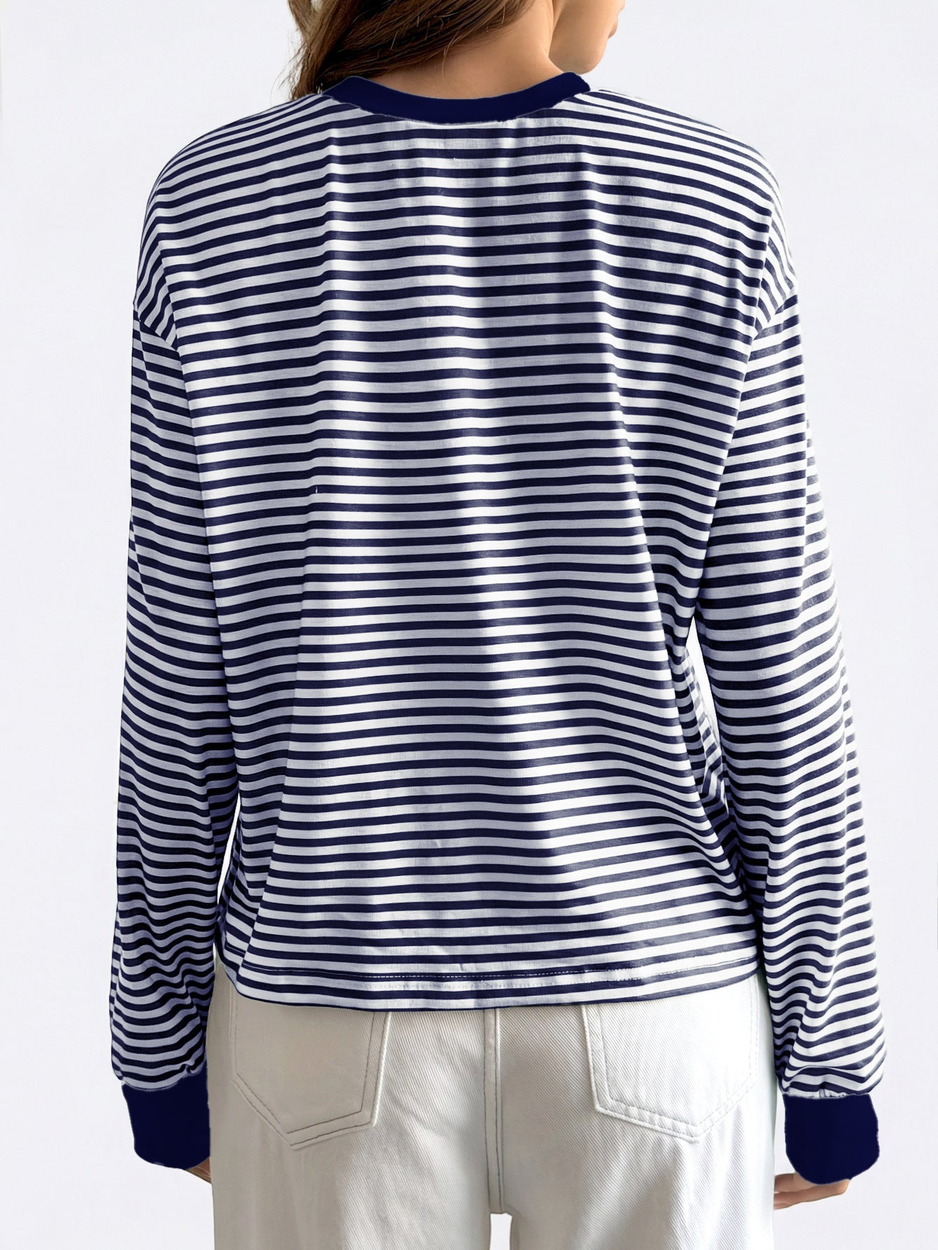 Pink Black Striped Long Sleeve Crew Neck Casual Tee