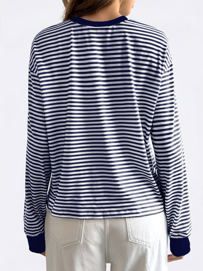 Pink Black Striped Long Sleeve Crew Neck Casual Tee