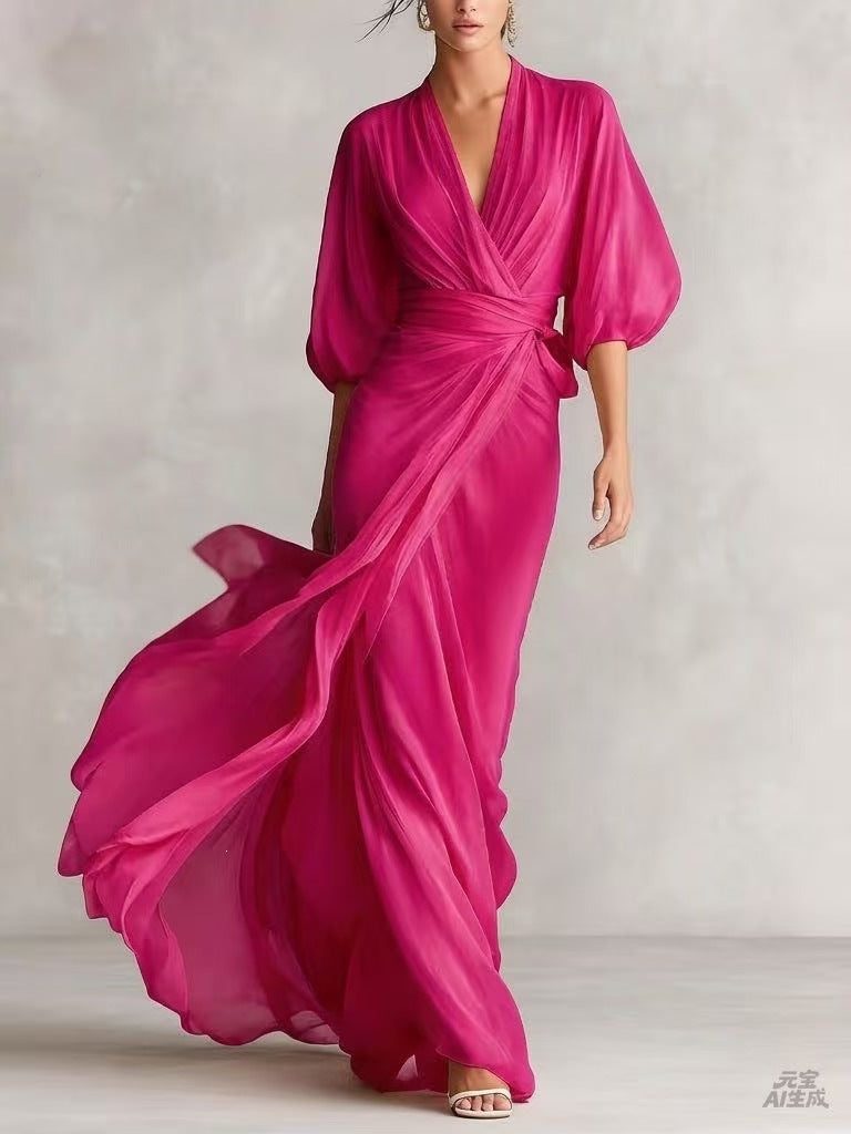 Elegant Deep V-Neck Lantern Sleeve Wrap Maxi Dress