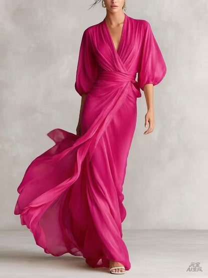 Elegant Deep V-Neck Lantern Sleeve Wrap Maxi Dress