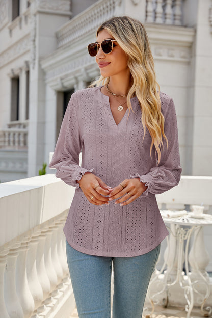 Women's Eyelet V-Neck Long Sleeve Ruffle Cuff Loose Blouse