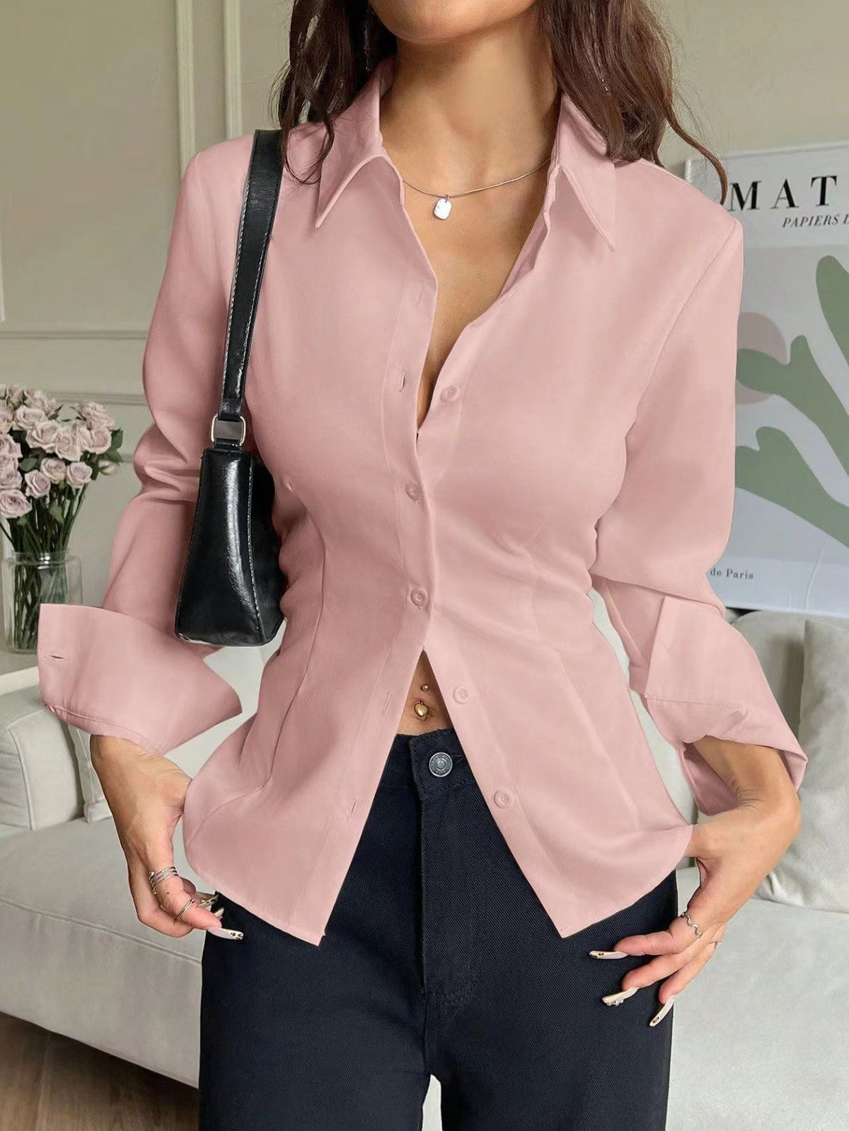 Women's Corset Tie Back Blouse V Neck Fitted Top