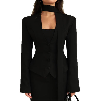 Women's Scarf Neck V-Neck Slim Fit Blazer Long Sleeve