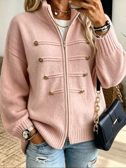 Womens Oversized Zip Up Cardigan Button Detail Mock Neck