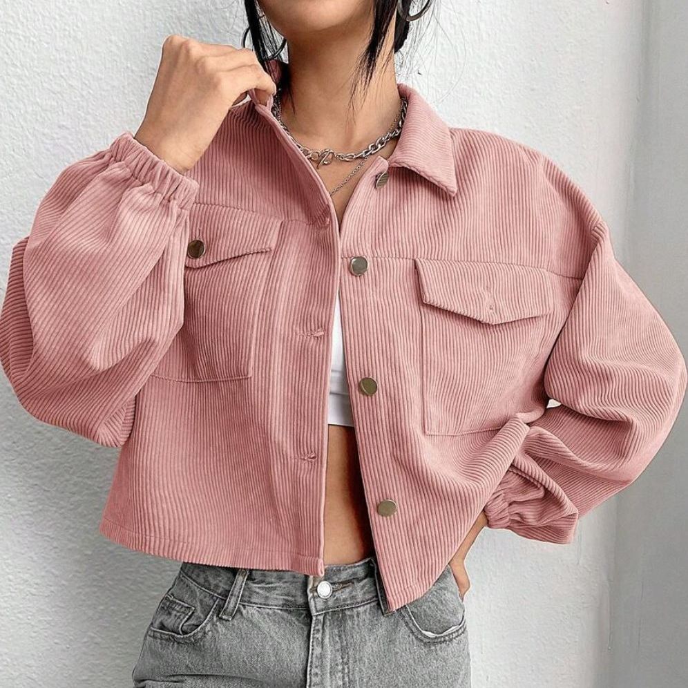 Women's Pink Corduroy Cropped Utility Jacket Pockets